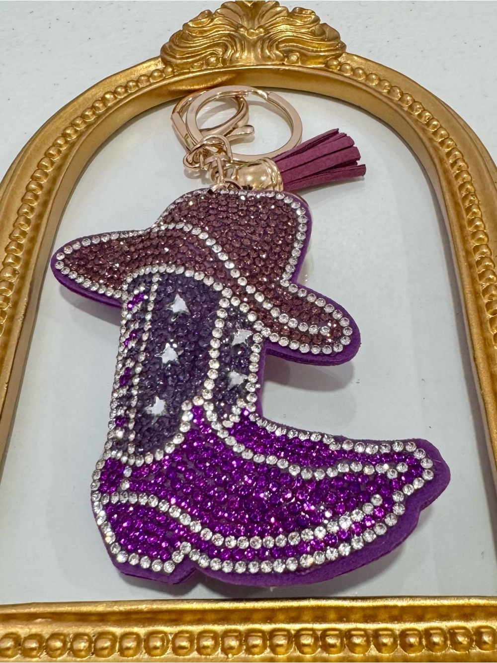 New Purple Rhinestone Cowboy Boots & Hat Keychain with Tassel